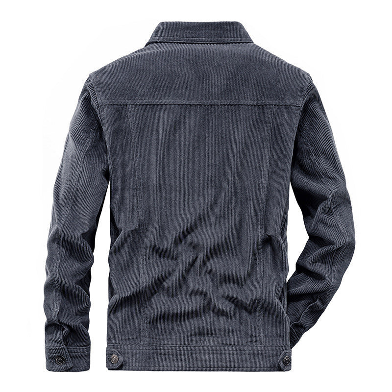 Dunkelgraue Cordjacke für Herren, Rückansicht, modisch, Herbstbekleidung, Freizeitjacke.