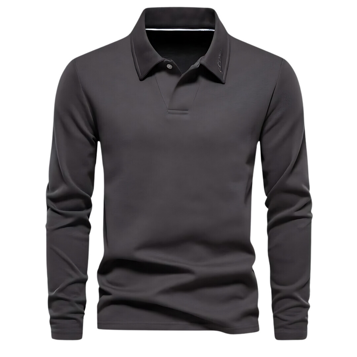 Dunkelgraues Langarm-Poloshirt für Herren, klassischer Kragen, Freizeitmode.