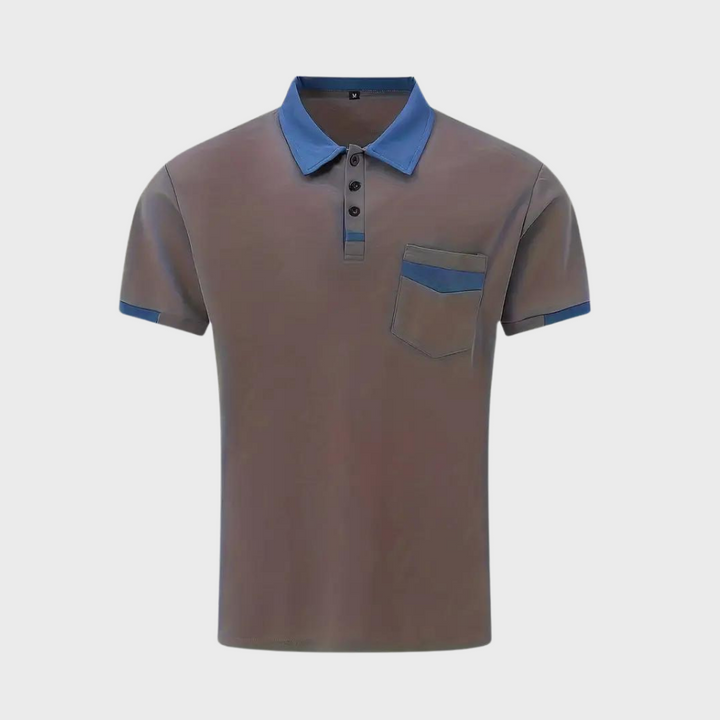Dunkelgraues Herren-Poloshirt mit blauen Akzenten, Kurzarm, Baumwolle, modisch.