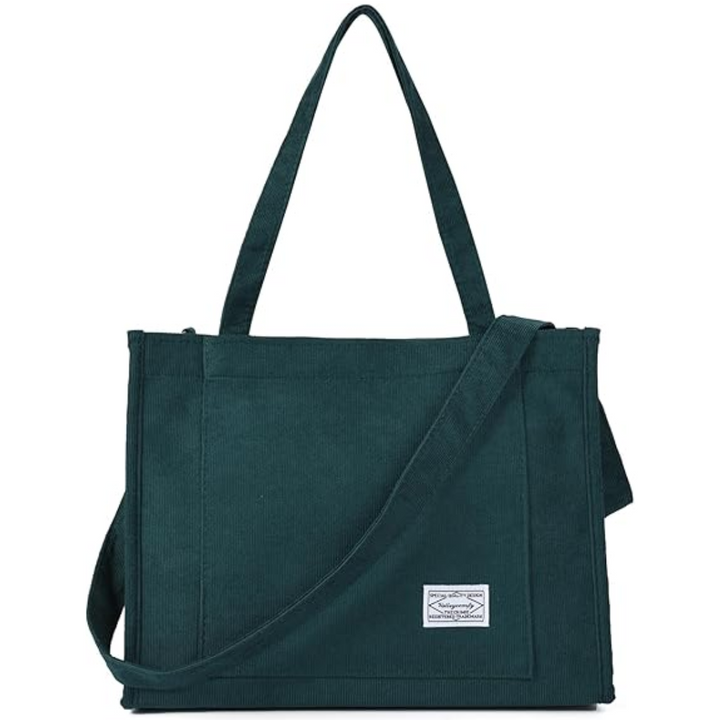 Dunkelgrüne Canvas-Umhängetasche, rechteckig, mit Tragegriffen und verstellbarem Schultergurt.