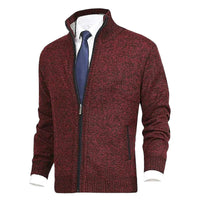Bordeauxfarbener Herren-Strickjacke mit Reißverschluss, elegantes Design, ideal für Büro-Outfits.