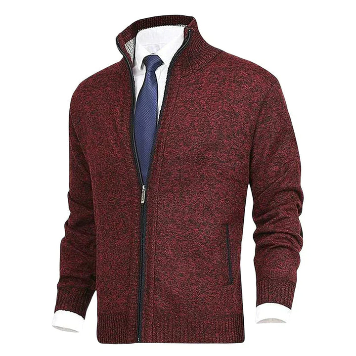 Bordeauxfarbener Herren-Strickjacke mit Reißverschluss, elegantes Design, ideal für Büro-Outfits.