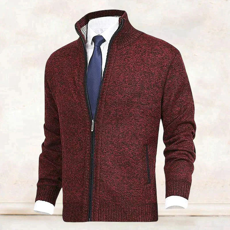Roter Herren-Strickjacke mit Reißverschluss, elegantes Design, ideal für Business-Outfits.