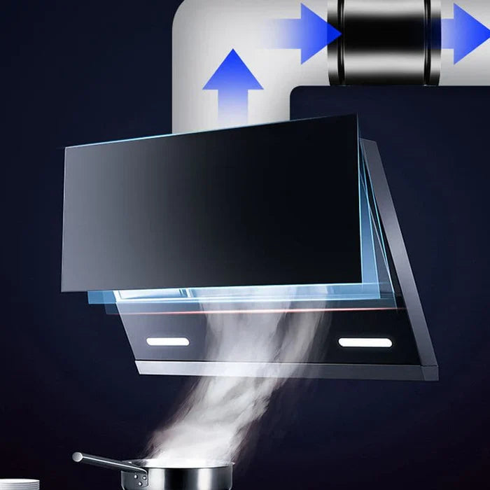 Moderne Dunstabzugshaube schwarz, effiziente Rauchabsaugung, Küche, energiesparend.