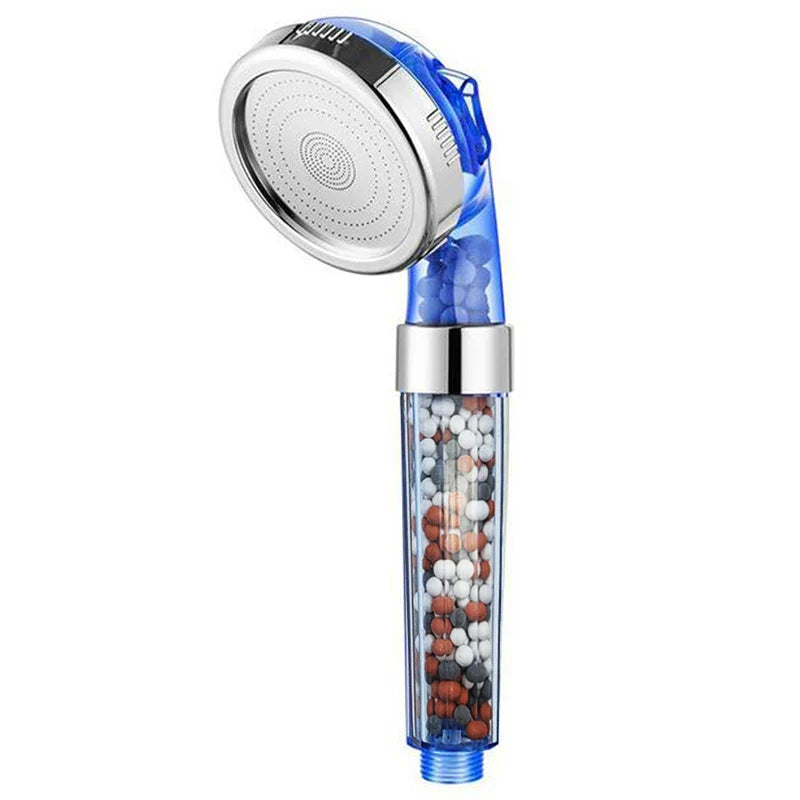 Duschkopf mit Mineralsteinen, blau, wassersparend, abnehmbar, für Badezimmer, Wellness.