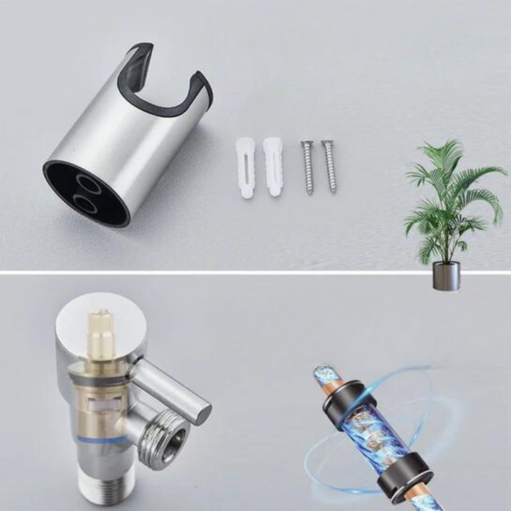 Duschkopfhalterung Edelstahl mit Zubehör, moderne Wasserfiltertechnologie, Badezimmerpflanze.