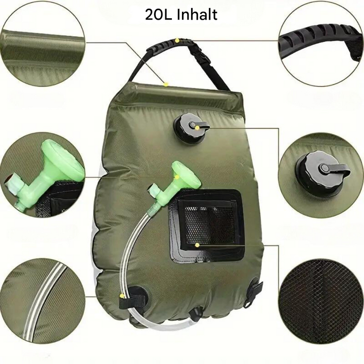 Grüner 20L Solardusche Campingbeutel mit Duschkopf und Schlauch, ideal für Outdoor-Aktivitäten.