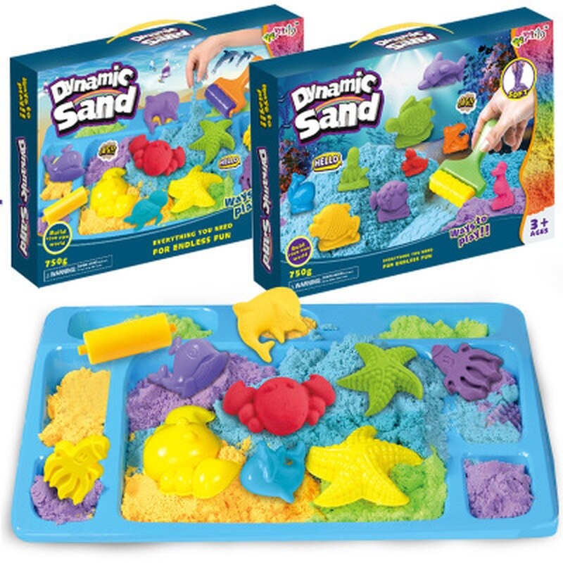 Buntes Sandspielzeug-Set mit Formen, Tablett und Knete für Kinder ab 3 Jahren.