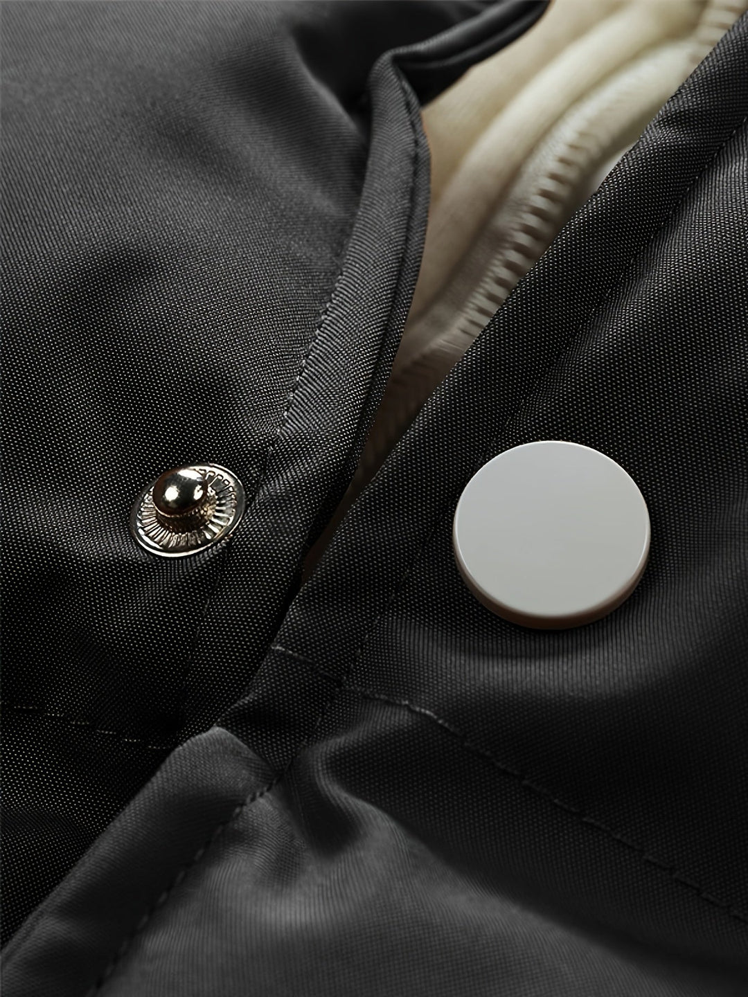 Schwarze Jacke mit Druckknopfverschluss, Nahaufnahme, Polyester, modisch, wetterfest.