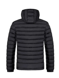 Schwarze Daunenjacke mit Kapuze, gesteppt, warm, Herrenmode, Winterjacke, Outdoor-Bekleidung.