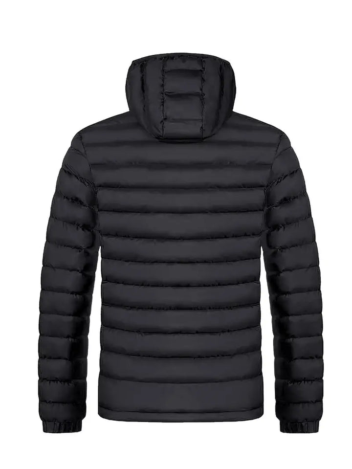 Schwarze Daunenjacke mit Kapuze, gesteppt, warm, Herrenmode, Winterjacke, Outdoor-Bekleidung.