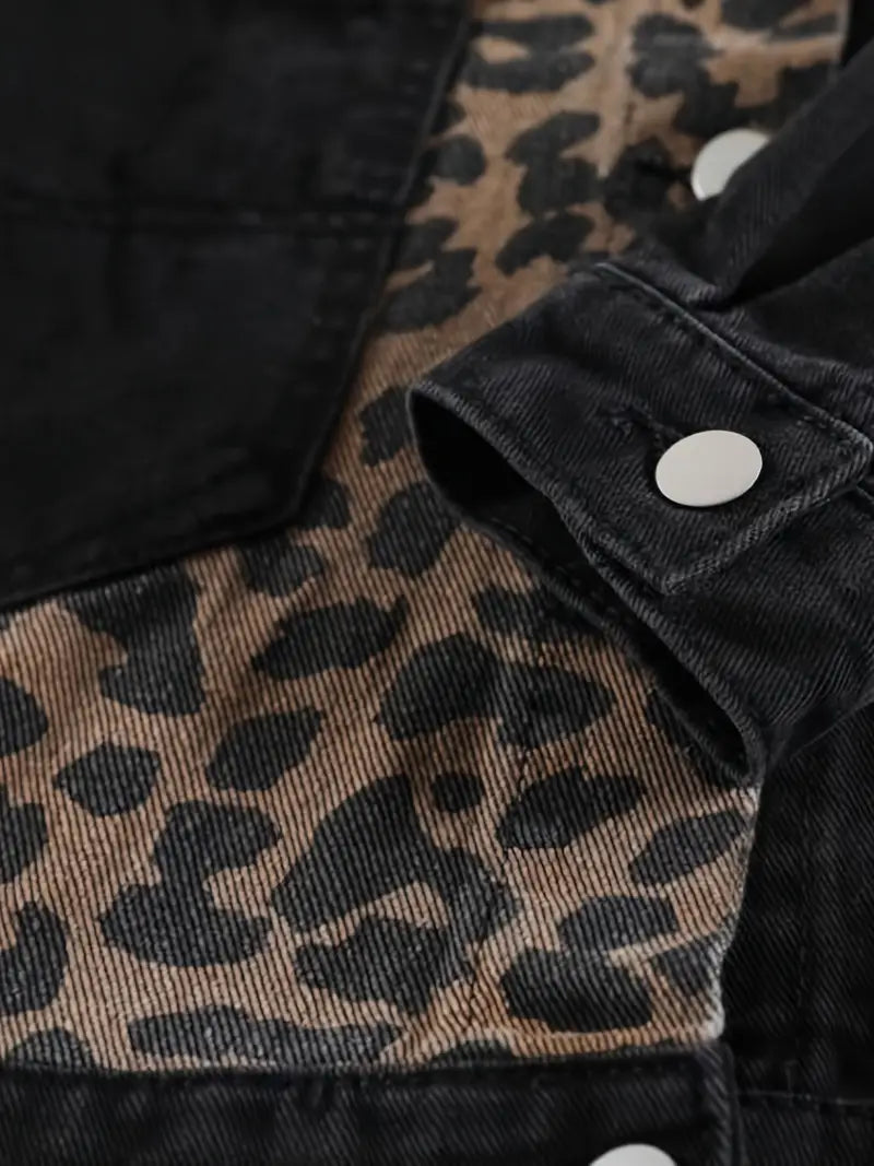 Schwarze Jeansjacke mit Leopardenmuster, Knöpfe, Damenmode, trendige Oberbekleidung