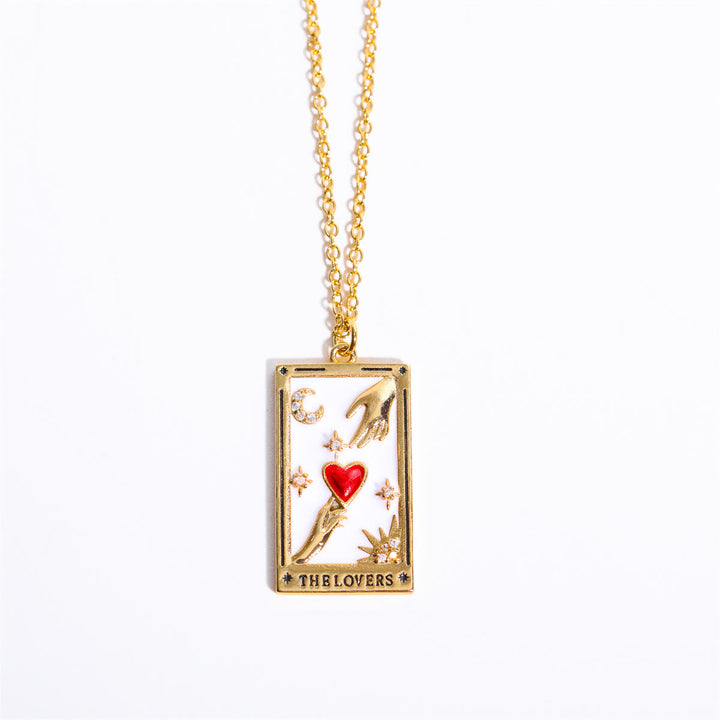 Goldene Halskette mit Tarot-Anhänger "The Lovers", rotes Herz, Damen-Schmuck, Geschenkidee.