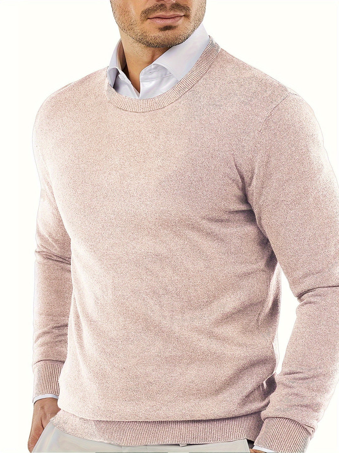 Herrenpullover rosa, Rundhalsausschnitt, Baumwolle, eleganter Look, modisch, bequem.