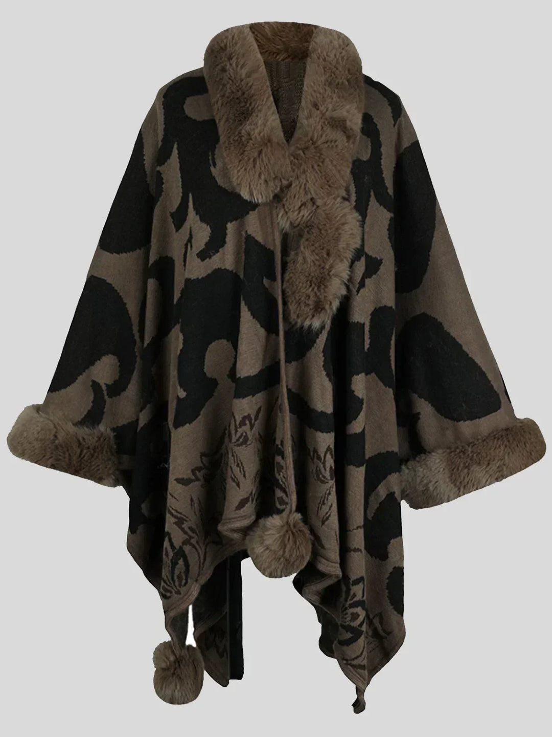 Brauner Poncho mit Kunstfellbesatz, florales Muster, Damenmode, Herbst-Winter, elegant.