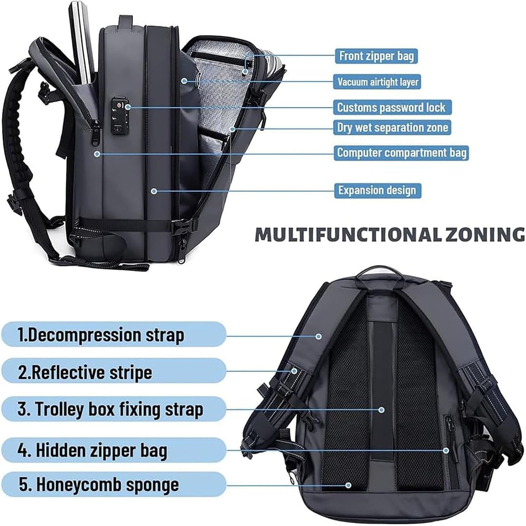 Ausziehbarer Kompressions-Reiserucksack mit Diebstahlschutzschloss und Nassfach