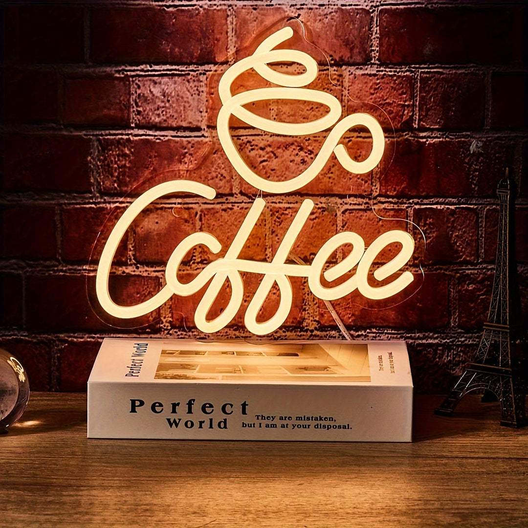 Leuchtendes LED-Neonschild "Coffee" vor Ziegelwand, dekorativ, warmweiß, für Cafés.