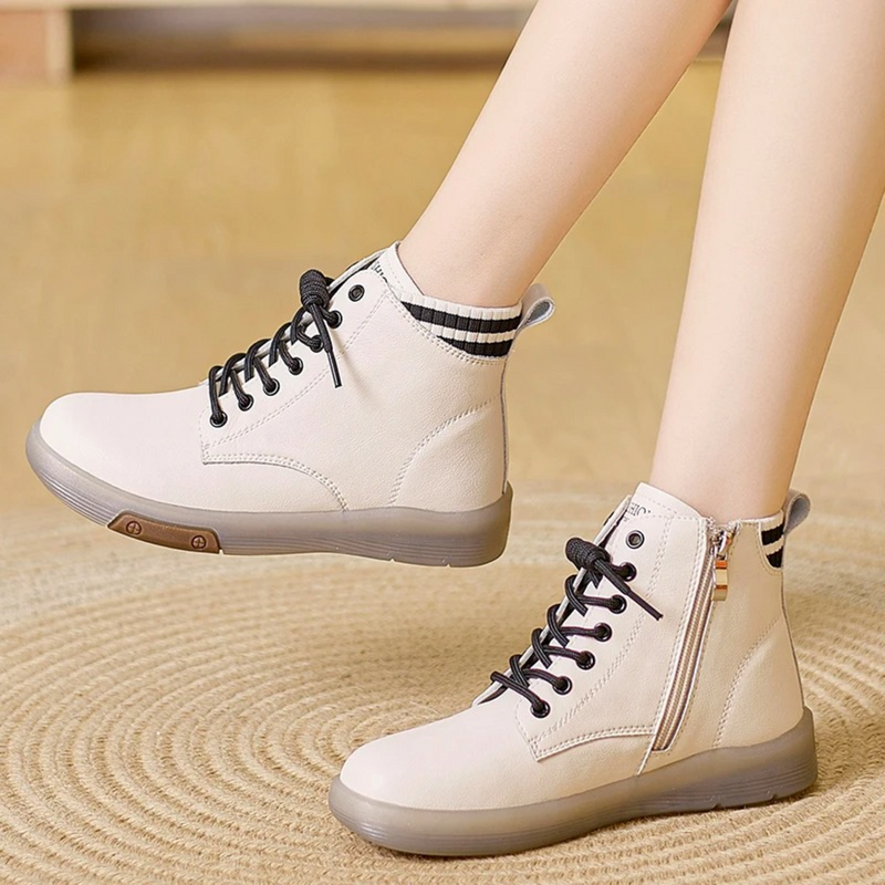 Beige Damen-Sneaker, wasserdicht, Leder, hohe Passform, bequem, mit Reißverschluss.