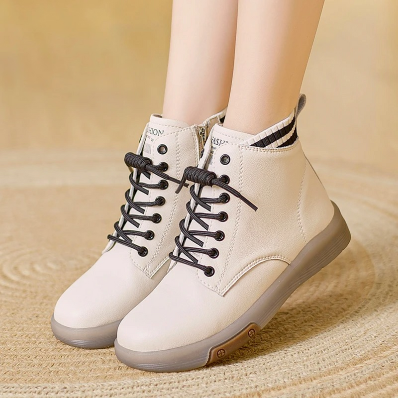 Damen hohe Sneaker, beige, Leder, wasserdicht, bequem, modisch, Schnürsenkel, Herbstschuhe.