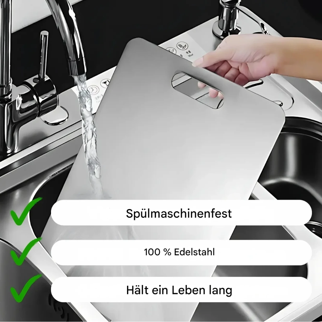 Spülmaschinenfeste Schneidebrett aus Edelstahl, langlebig, ideal für Küchen.