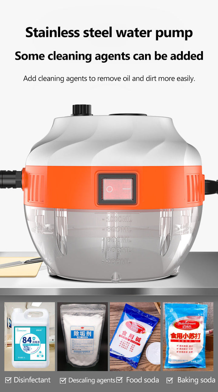 Edelstahl-Wasserpumpe mit Reinigungsmittel, orange-weiß, für Öl- und Schmutzentfernung.