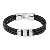 Schwarzes Lederarmband mit silbernem Verschluss, geflochten, Herrenmode, elegant, Accessoire.