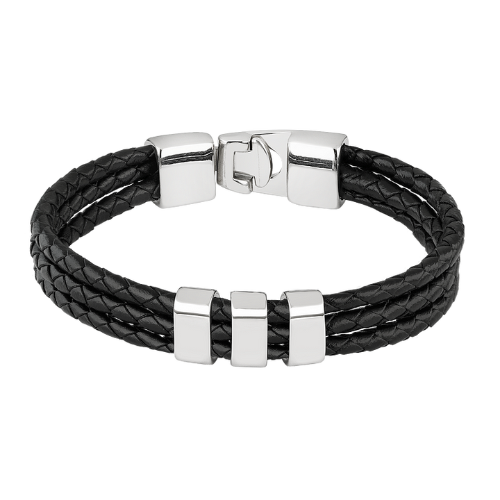 Schwarzes Lederarmband mit silbernem Verschluss, geflochten, Herrenmode, elegant, Accessoire.