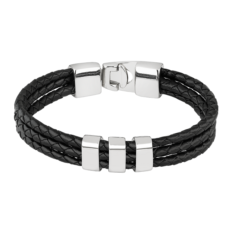 Schwarzes Lederarmband mit silbernem Verschluss, geflochten, Herrenmode, elegant, Accessoire.