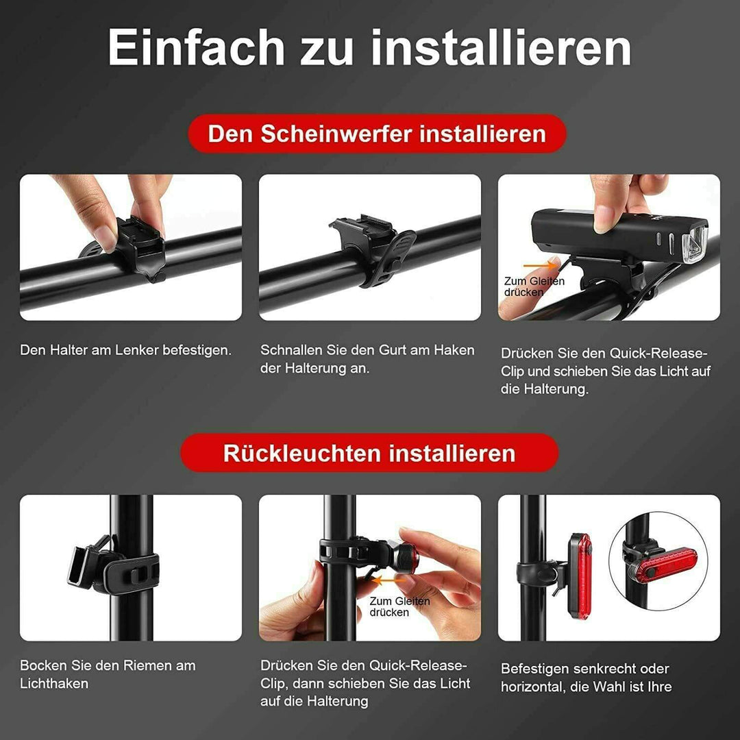 Anleitung zur Installation von Fahrradlicht, Scheinwerfer und Rücklicht, einfache Montage.