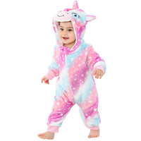 Baby im Einhorn-Strampler, rosa-blau, Plüsch, Kapuze, Sterne, gemütlich, Kostüm, Kinderbekleidung.