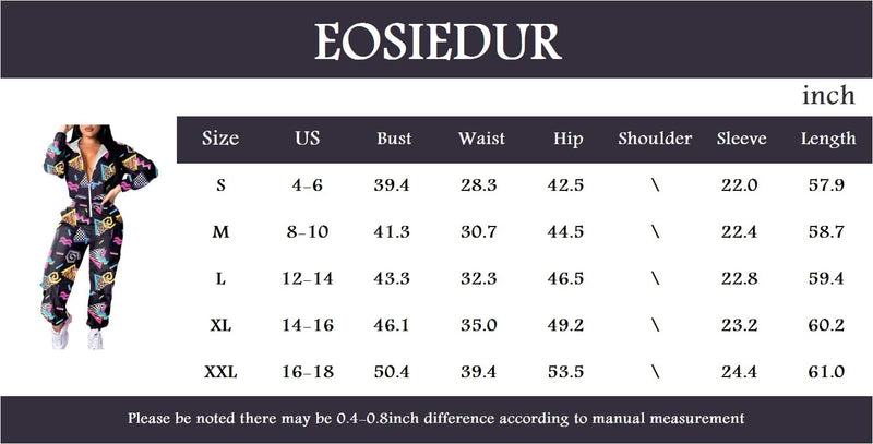 EOSIEDUR Damen Jumpsuit, schwarz, Cartoon-Muster, Größen S-XXL, Größentabelle, bequem.