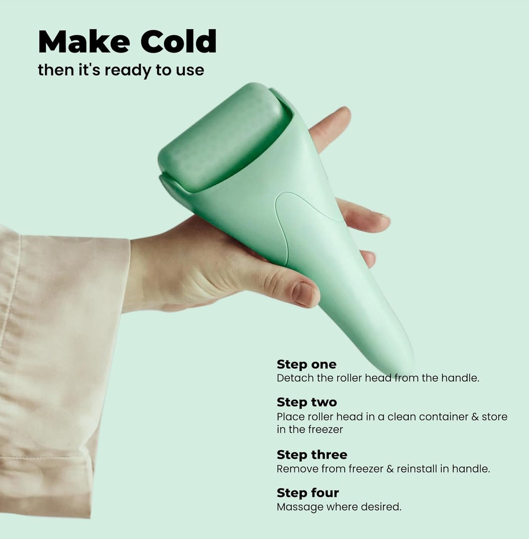 Hand hält grünen Eisroller, Gesichtsmassagegerät, Kunststoff, kühlend, Hautpflege.