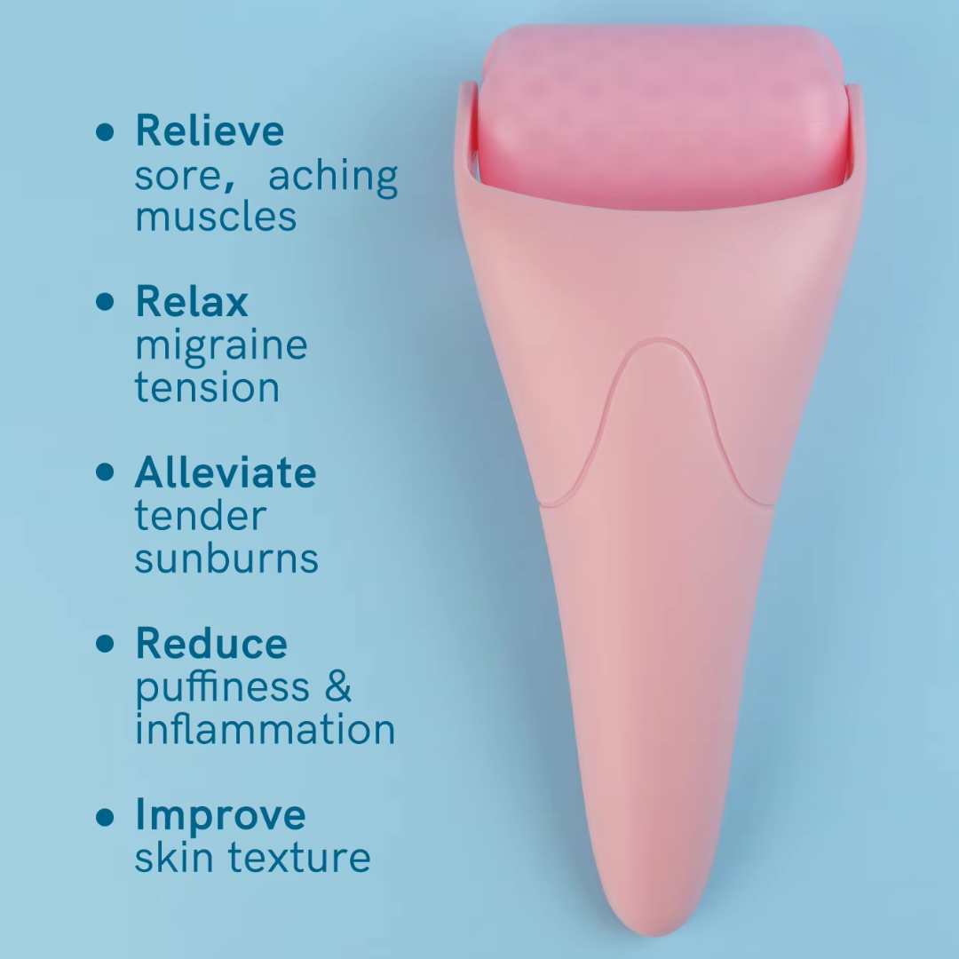 Rosa Gesichtsmassagegerät zur Linderung von Muskelschmerzen und Entspannung, auf blauem Hintergrund.