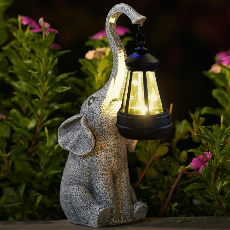 Gartenfigur Elefant mit Solarlaterne, grauer Steinoptik, LED-Beleuchtung, dekorative Außenleuchte