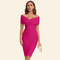 Fuchsia Off-Shoulder Kleid, figurbetont, elegant, Damenmode, Abendkleid, Partykleid.