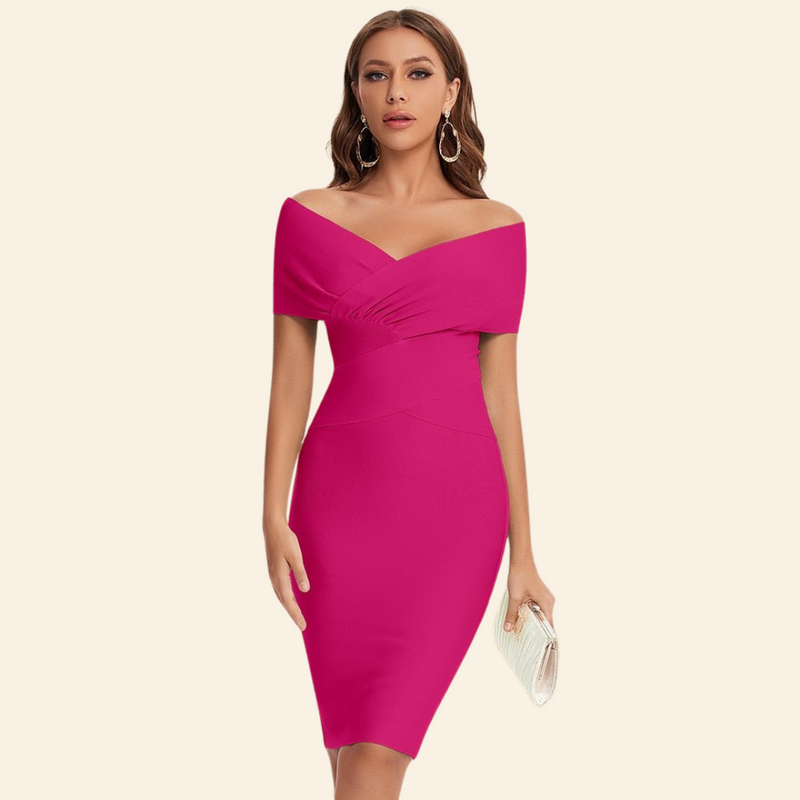 Fuchsia Off-Shoulder Kleid, figurbetont, elegant, Damenmode, Abendkleid, Partykleid.