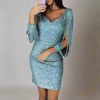 Damen Paillettenkleid, V-Ausschnitt, türkis, elegant, Partykleid, lange Ärmel.