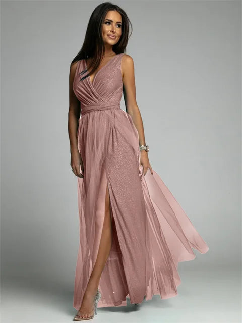 Elegantes ärmelloses Abendkleid Damen, rosa, V-Ausschnitt, Partykleid mit Schlitz.
