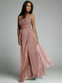 Elegantes ärmelloses Abendkleid Damen, rosa, V-Ausschnitt, Partykleid mit Schlitz.