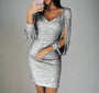 Damen Paillettenkleid Silber, V-Ausschnitt, elegante Abendmode, festliches Design