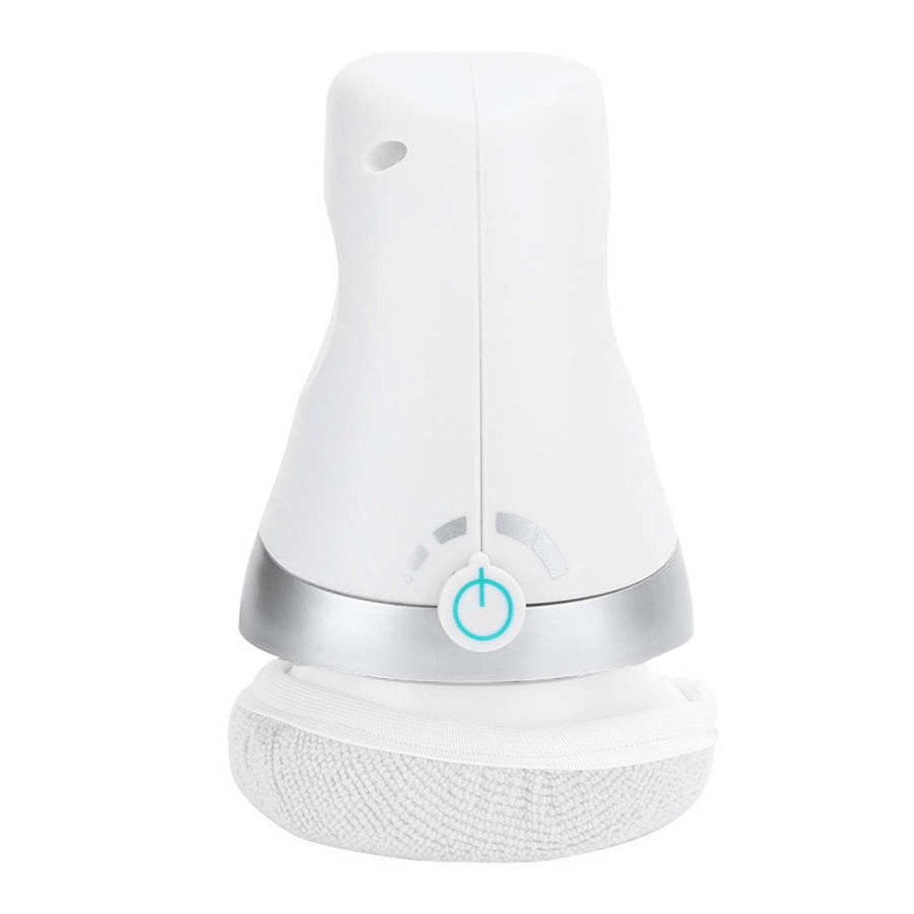 Weißer elektrischer Reinigungsbürste, kabellos, mit grauem Rand, für Haushaltsreinigung.