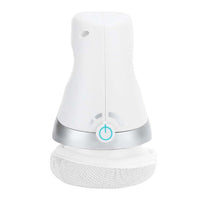 Weißer elektrischer Reinigungsbürste, kabellos, mit grauem Rand, für Haushaltsreinigung.