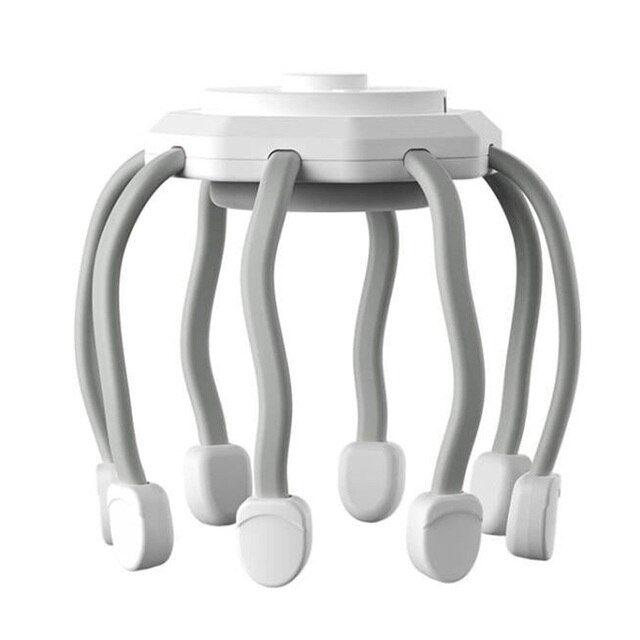 Elektrischer Kopfhaut-Massager, weiß, graue Silikonarme, Stressabbau, Haarstimulation.