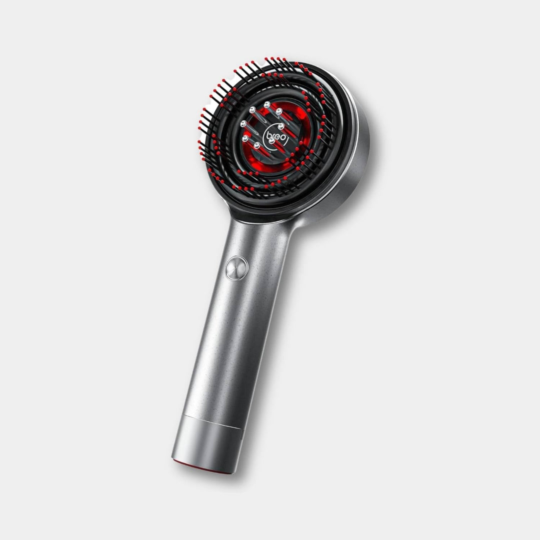 Graue elektrische Kopfhaut-Massagebürste mit LED-Lichttherapie, Entspannungsgerät.