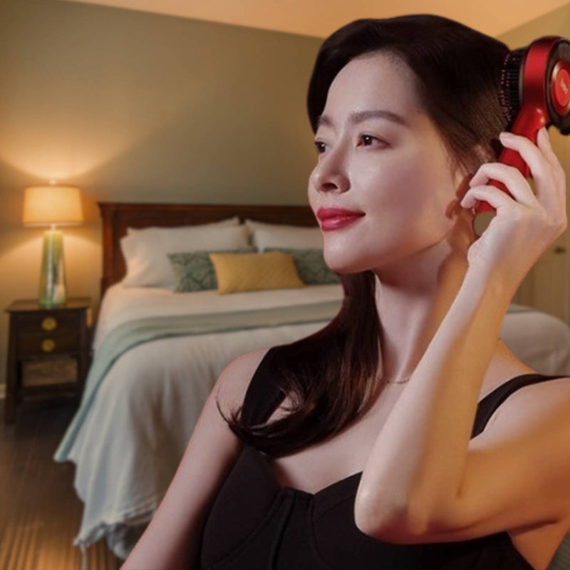 Frau nutzt rote elektrische Kopfmassagebürste mit LED-Lichttherapie im Schlafzimmer.