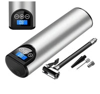 Silberne elektrische Luftpumpe mit digitalem Display und Zubehör für Fahrradreifen.