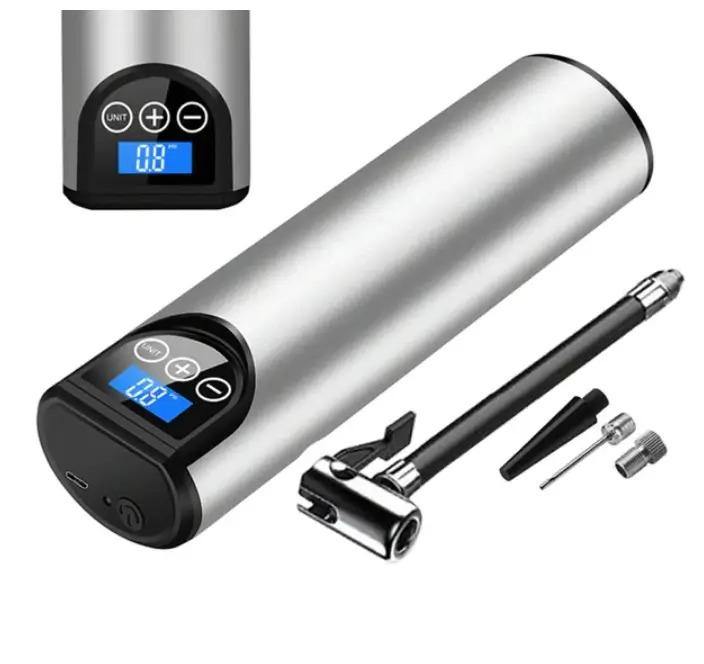 Silberne elektrische Luftpumpe mit digitalem Display und Zubehör für Fahrradreifen.