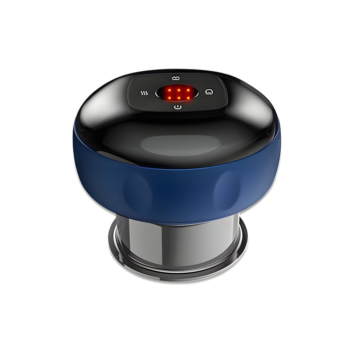 Schwarzer und blauer elektrischer Massager, tragbar, mit LED-Anzeige, für Muskelentspannung.