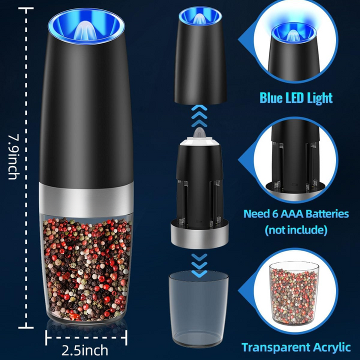 Elektrische Pfeffermühle mit blauem LED-Licht, transparentem Acryl, batteriebetrieben.