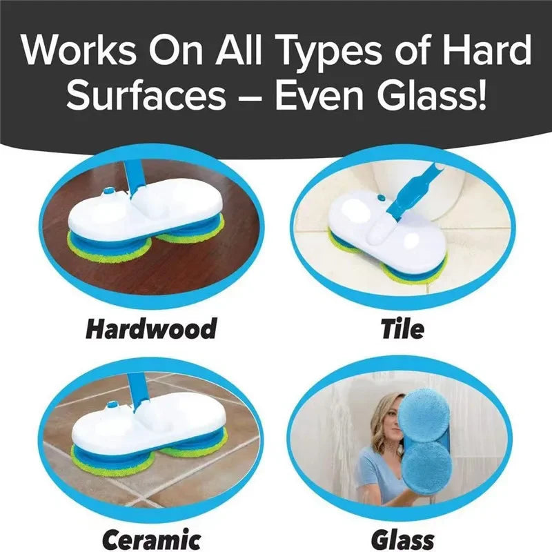 Elektrischer Bodenreiniger für Hartholz, Fliesen, Keramik, Glas; weiß-blaues Design.